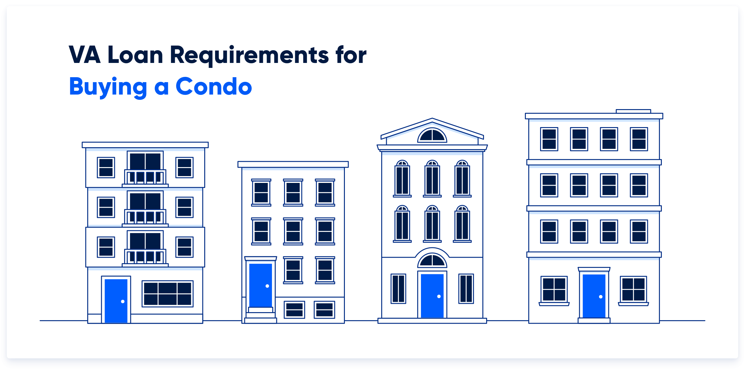 Four illustrated condo buildings with blue doors.