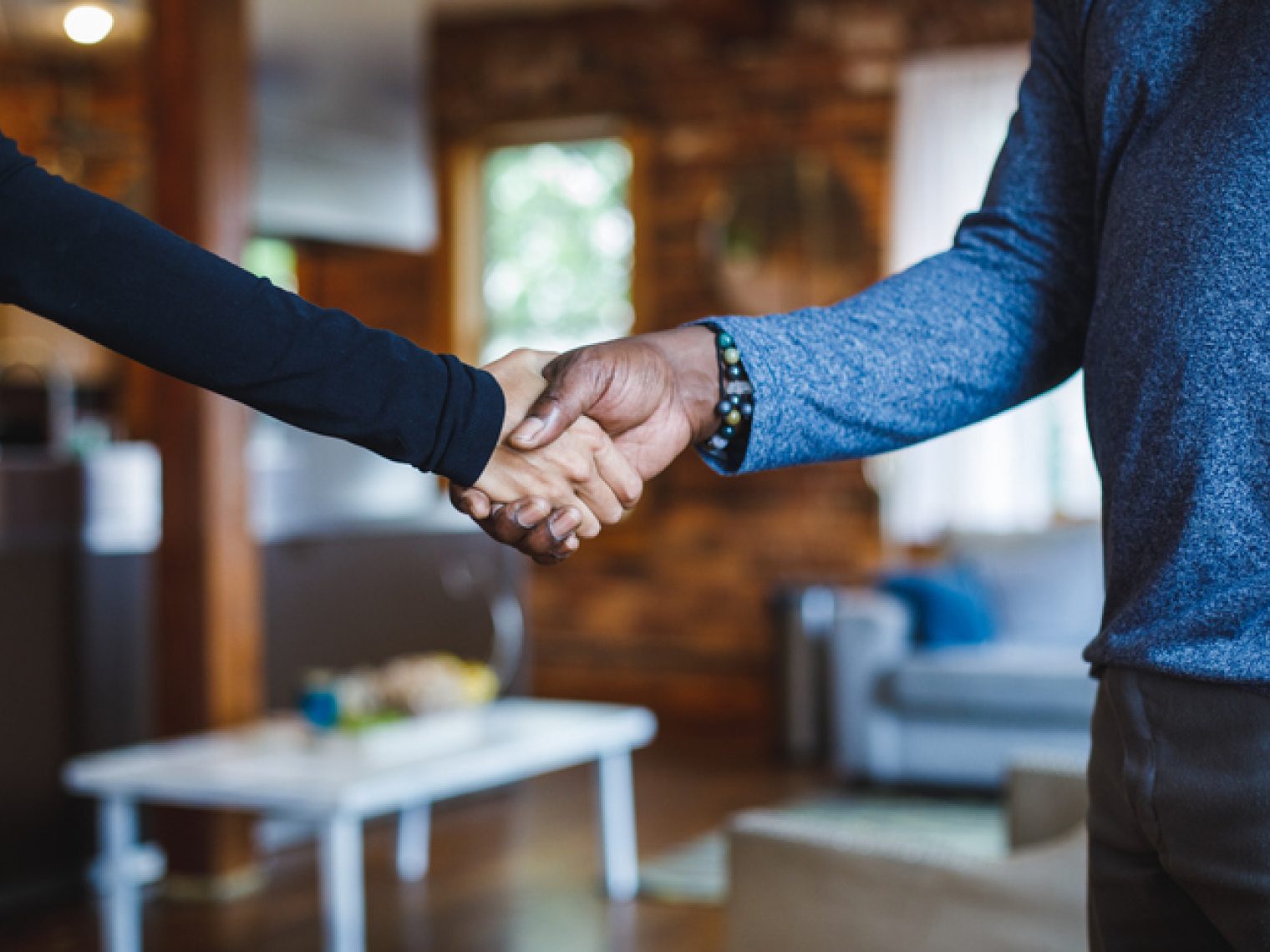 Two individuals in a home interior engage in a handshake, possibly finalizing a deal or agreement.