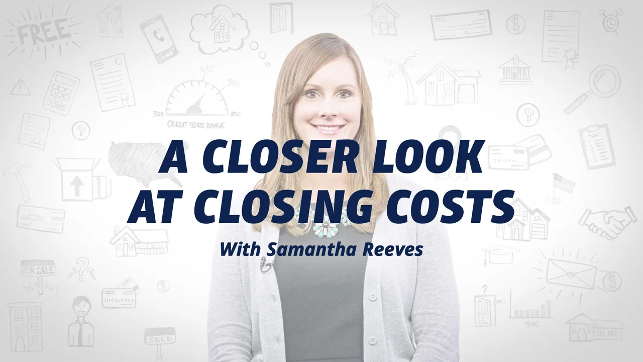 Smiling woman in a gray cardigan with text 'A Closer Look at Closing Costs with Samantha Reeves' over a white background with financial icons.