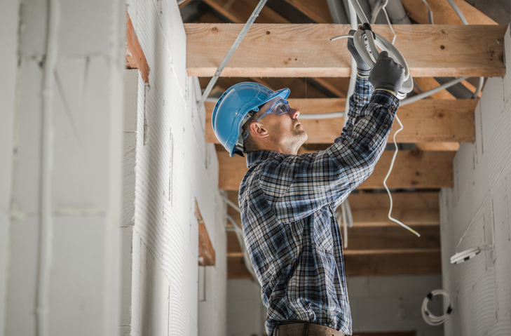 A focused construction worker wearing a hard hat and protective gloves is installing or repairing wiring or fixtures in a house under construction or renovation.