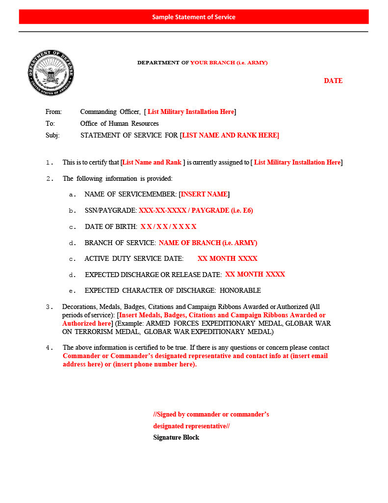 A 'Statement of Service' document from the Department of Defense.